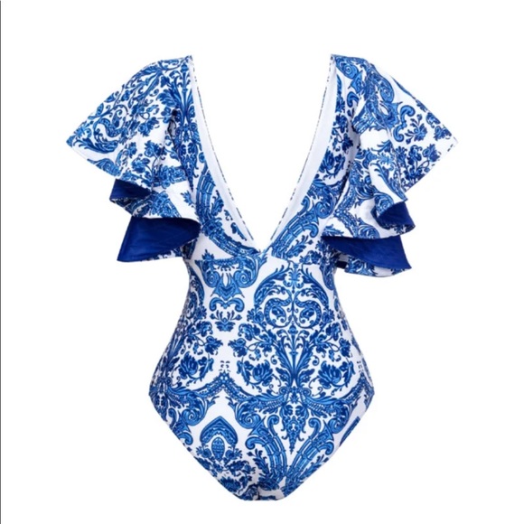 Dolce & Gabanna Inspired Blue & White Ruffle Belted Swimsuit - Picture 2 of 7